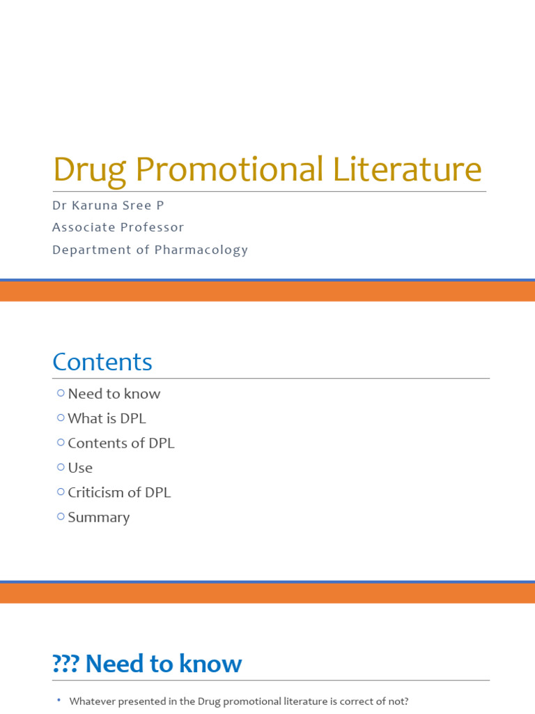 Overview of Drug Promotional Literature | PDF | Chemistry | Dose ...