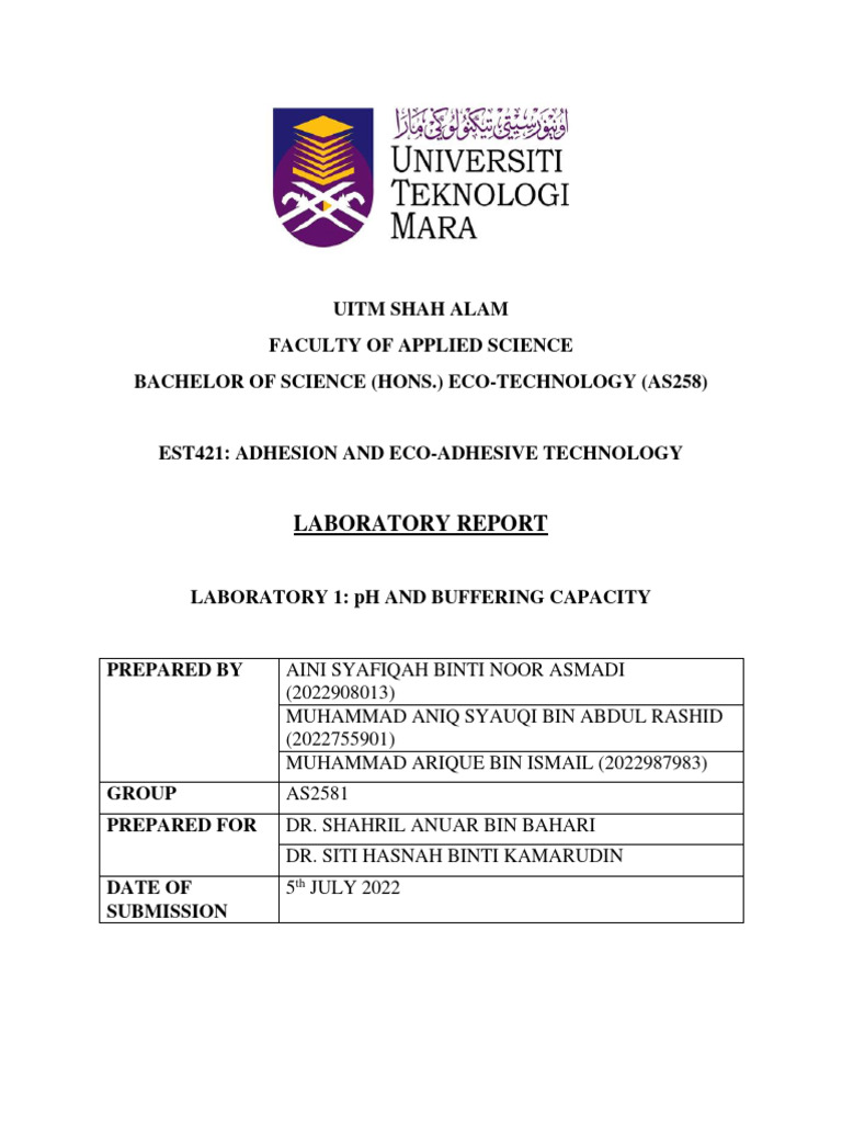 Est421 Laboratory 1 Report PDF Ph Buffer Solution