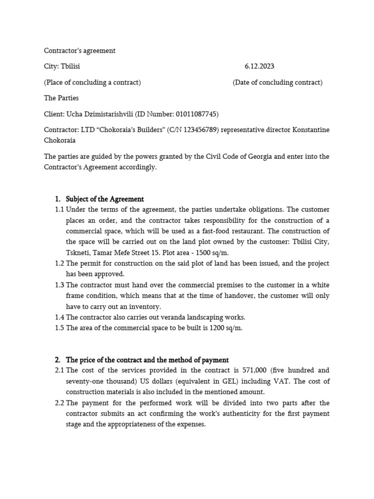 Contractor Agreement for Restaurant Build - PDF - Employment ...