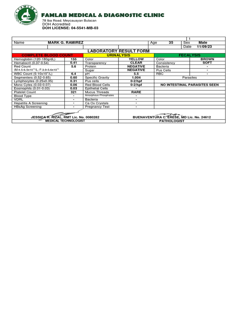 Famlab Clinic Lab Results for Mark Ramirez | PDF | Medical Specialties ...