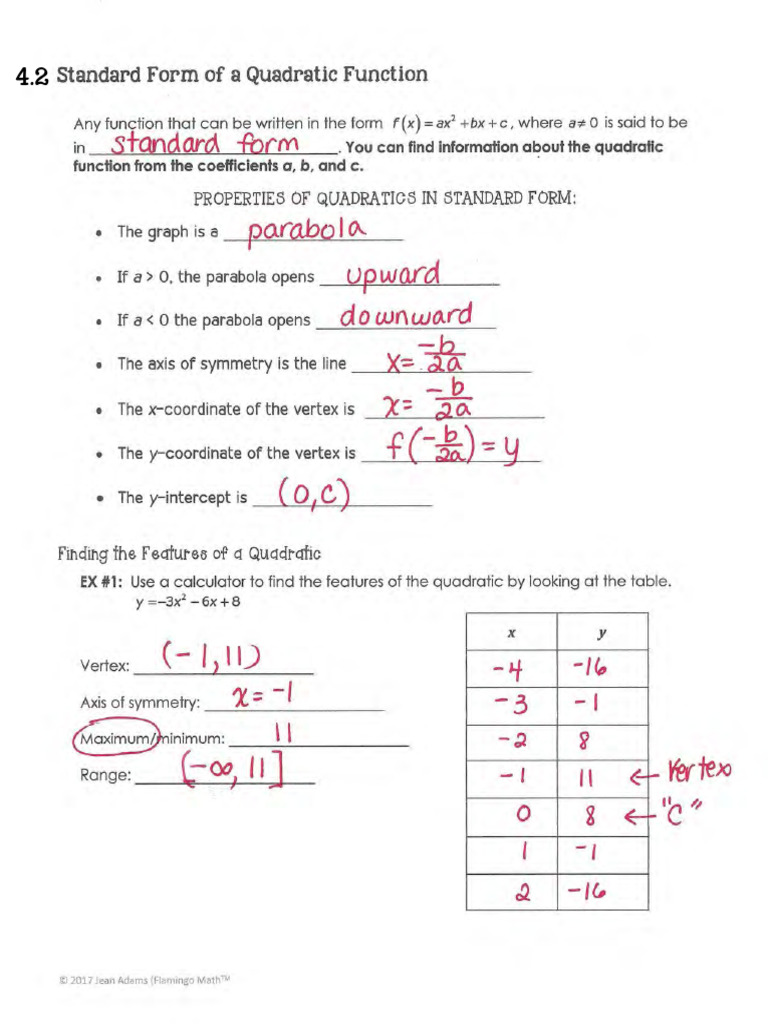 2 Standard Form Quadratic Function Guided Notes Key | PDF