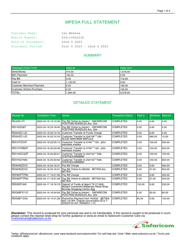 MPESA Statement for Ian Wekesa | PDF | Payments | Economies