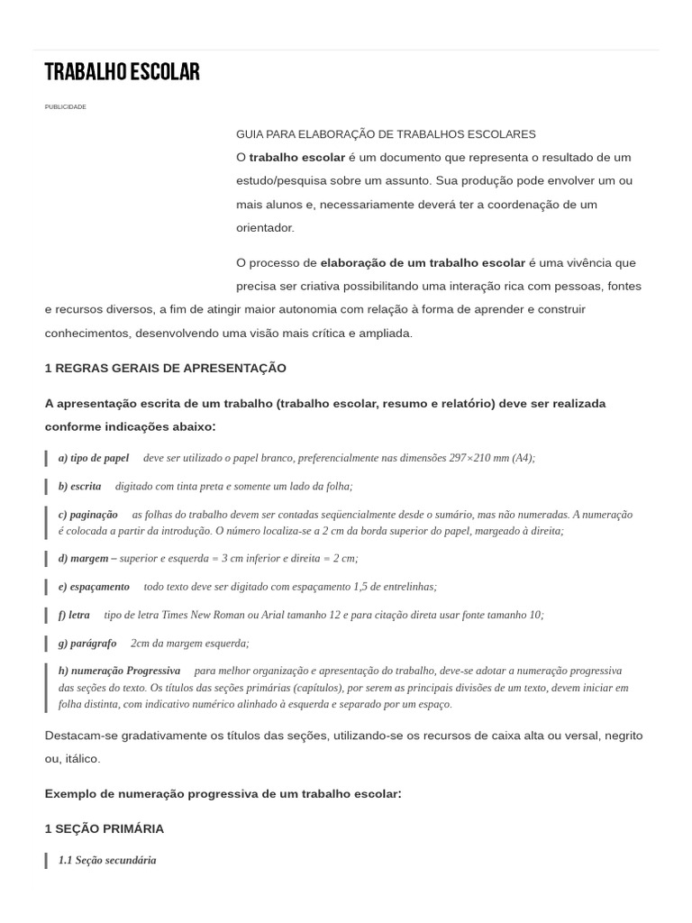 Trabalho Escolar Estrutura Elaboração Normas Trabalho Escolar