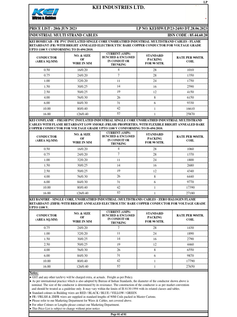 KEI Wire Price List June 2023 | PDF | Electrical Conductor | Wire