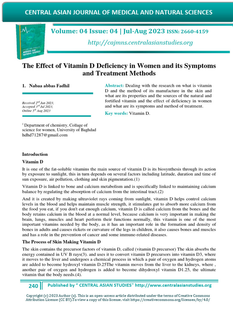 The Effect of Vitamin D Deficiency in Women and Its Symptoms and