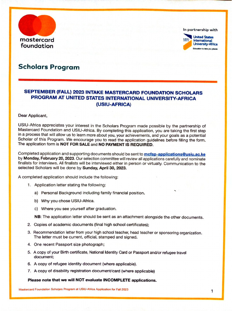 Applications For Mastercard Foundation Scholarship | PDF