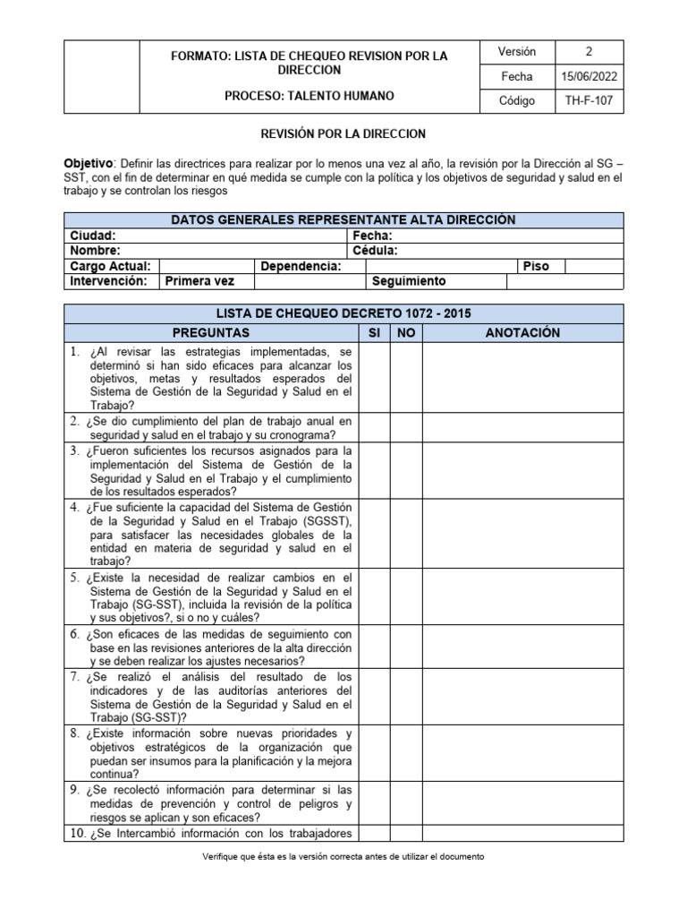 4 Lista de Chequeo Revision Direccion | PDF | Planificación