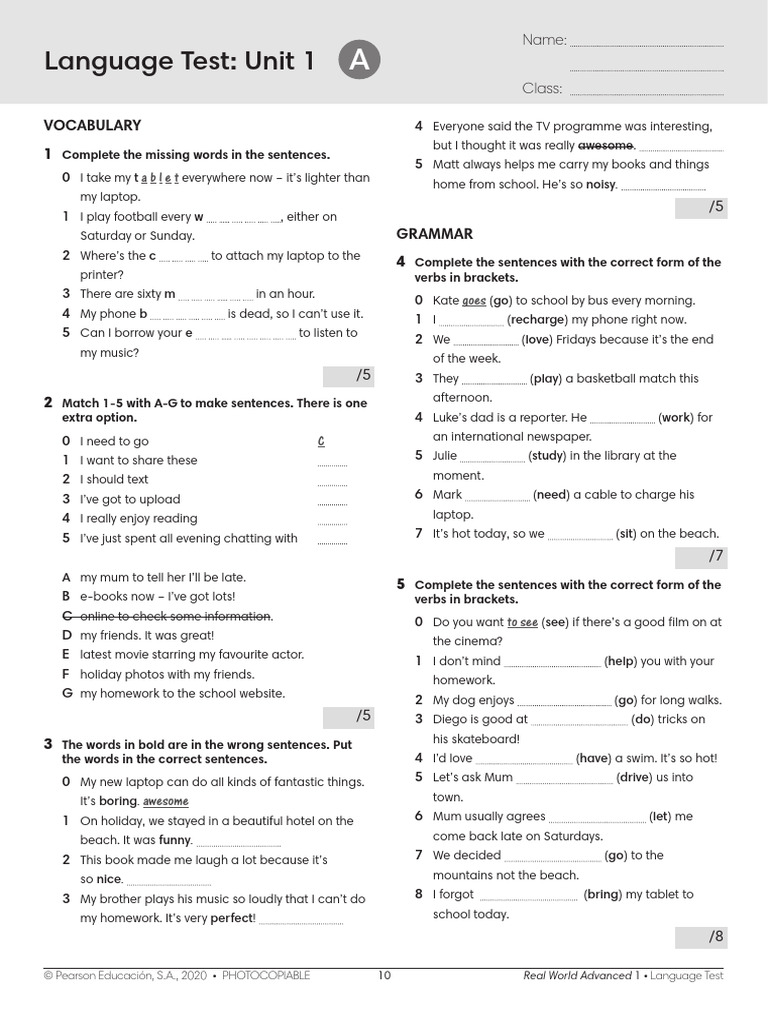 Vocabulary and Grammar Test Unit 1 | PDF | Sentence (Linguistics)
