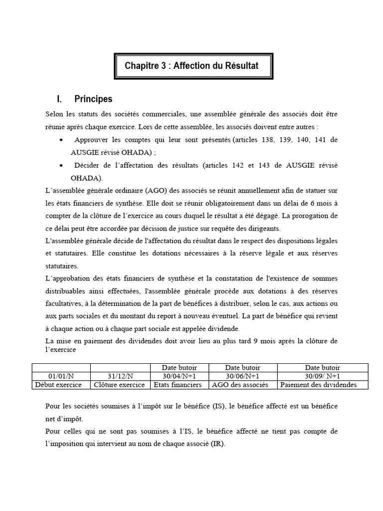 Affectation du Résultat en Sociétés OHADA | PDF | Dividende | Impôts