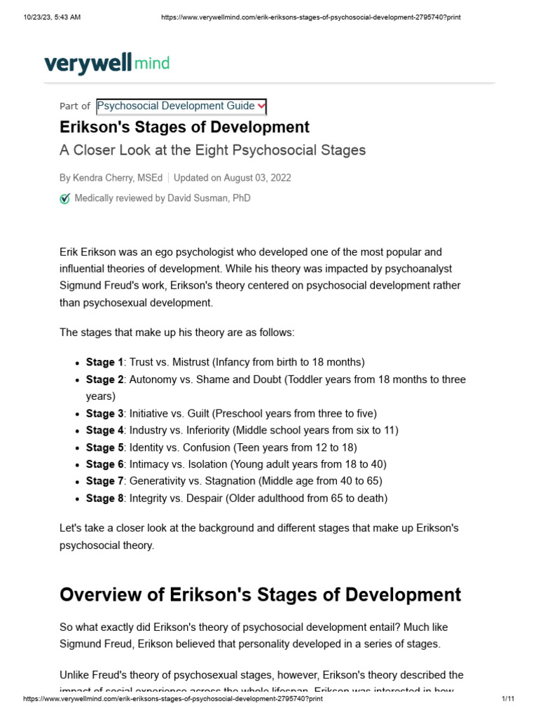 Erikson's 8 Stages of Psychosocial Development | PDF | Psychology ...