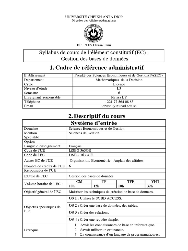 Syllabus Cours Introduction Gestion Des Bases de Données | PDF | Bases ...