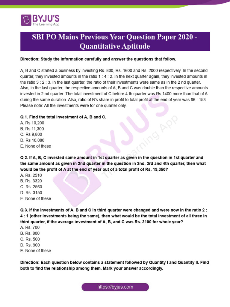 SBI PO Mains 2020 Quantitative Aptitude Questions | PDF | Economies
