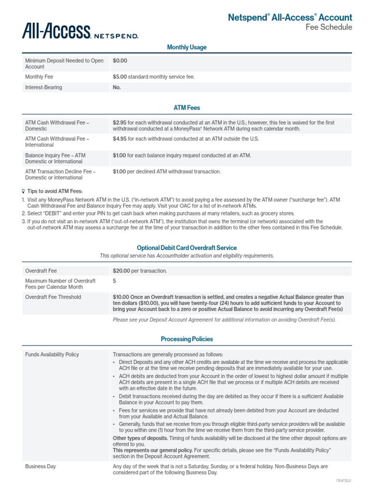 Netspend AllAccess Account Monthly Usage PDF Fee Debit Card