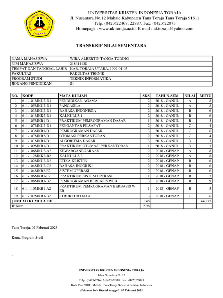 Transkrip Nilai Wira Toding S1 Teknik Informatika | PDF