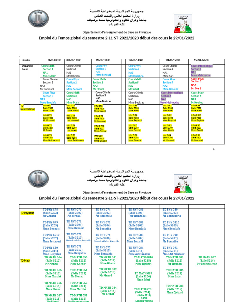 Emploi du Temps Semestre 2 Physique | PDF | Sciences physiques | La nature