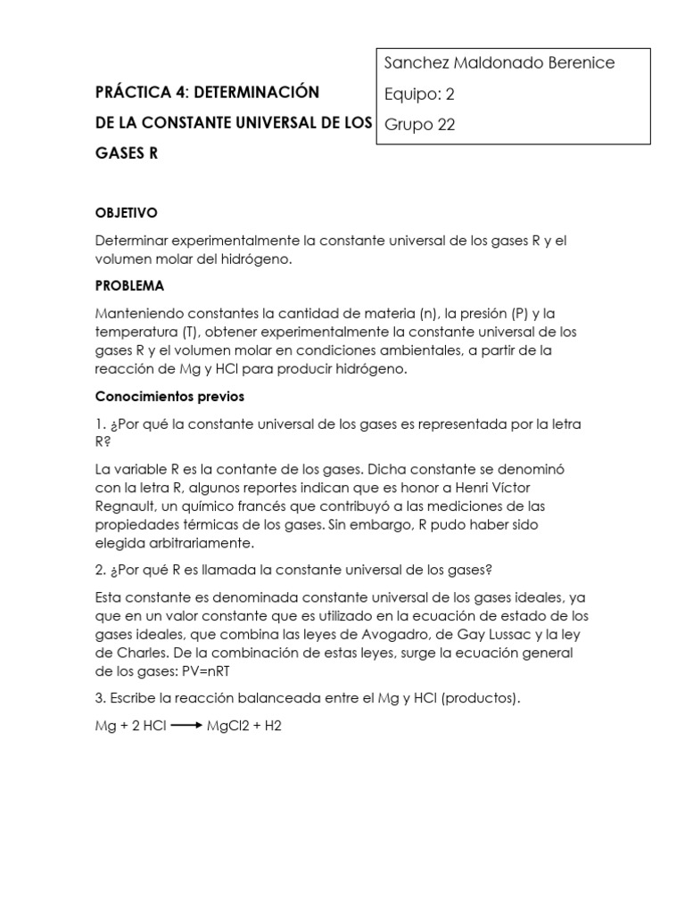 Cuestionario Previo Practica 4 Constante R | PDF | Gases | Química Física