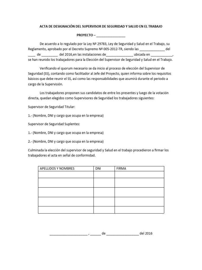 ACTA DE DESIGNACIÓN DEL SUPERVISOR DE SEGURIDAD Y SALUD EN EL TRABAJO | PDF