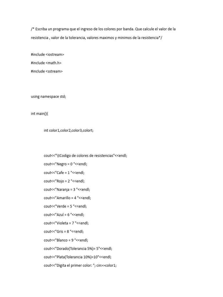 Codigo C++ Codigo de Colores | Descargar gratis PDF | C ...