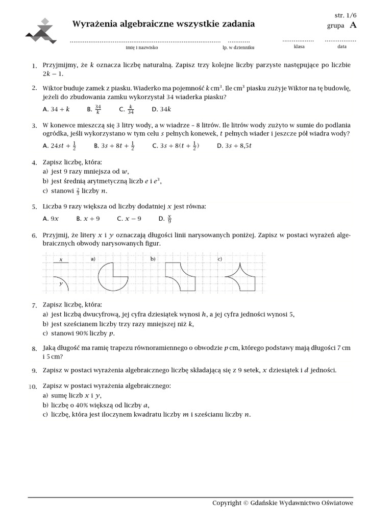 Wyrażenia Algebraiczne I Równania Klasa 8 Sprawdzian Pdf 8 Wyrażenia algebraiczne wszystkie zadania | PDF