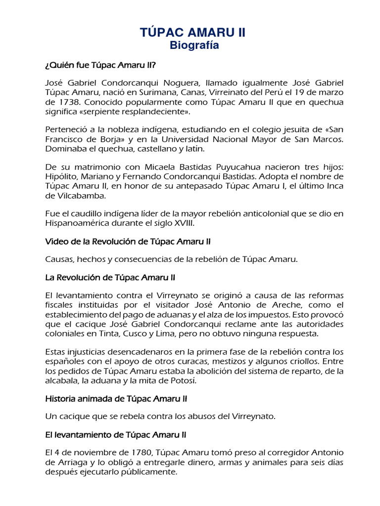 TÚPAC AMARU II - Biografía | PDF | América del Sur | Antiguas colonias ...