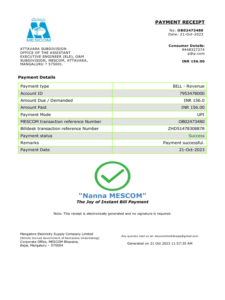 Nanna MESCOM Payment Receipt 7953478000 2265205 Download Free PDF