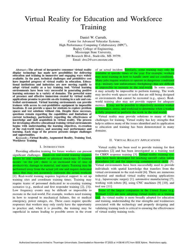 Virtual Reality For Education and Workforce Training PDF Virtual Reality Usability
