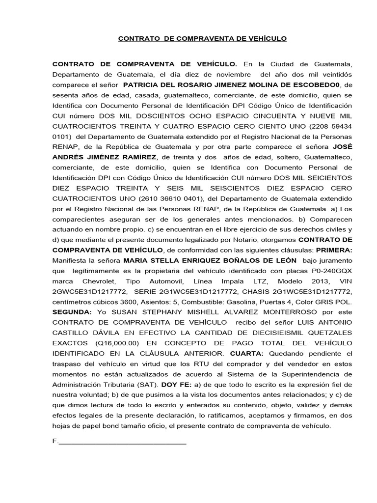Contrato de Compraventa de Vehículo | PDF | Guatemala