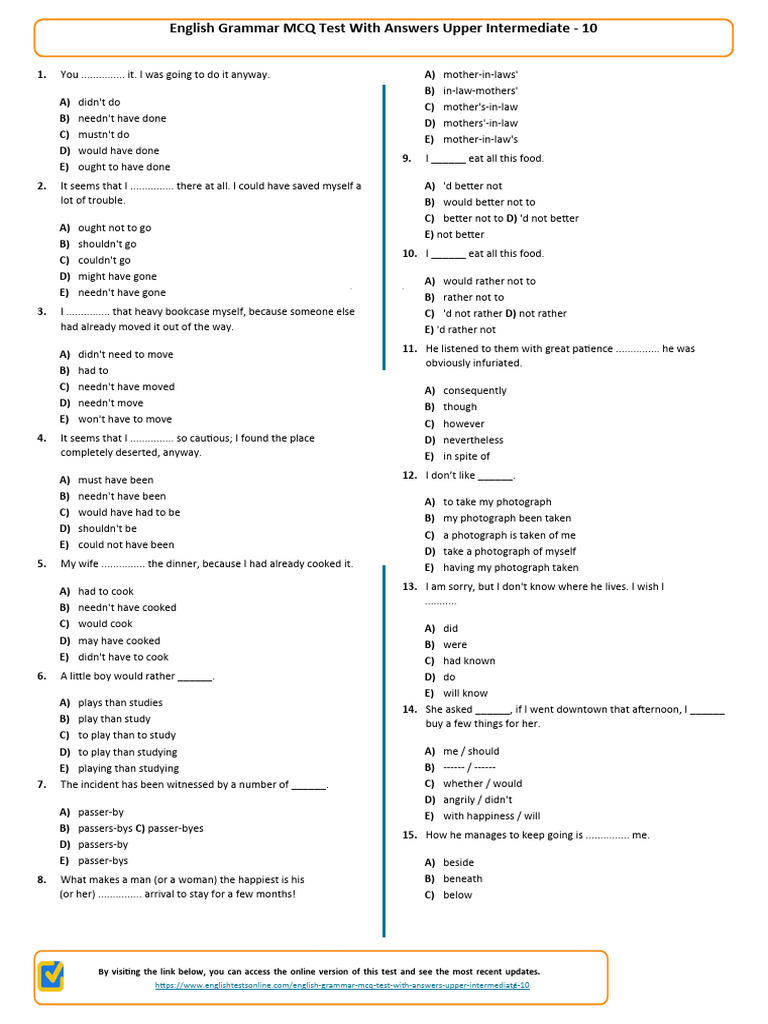 English Grammar Test PDF