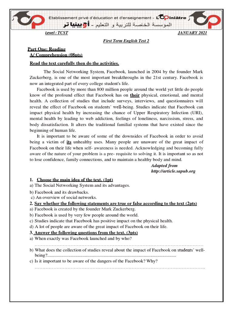 Dzexams 1as Anglais 549599 PDF Facebook Social Media