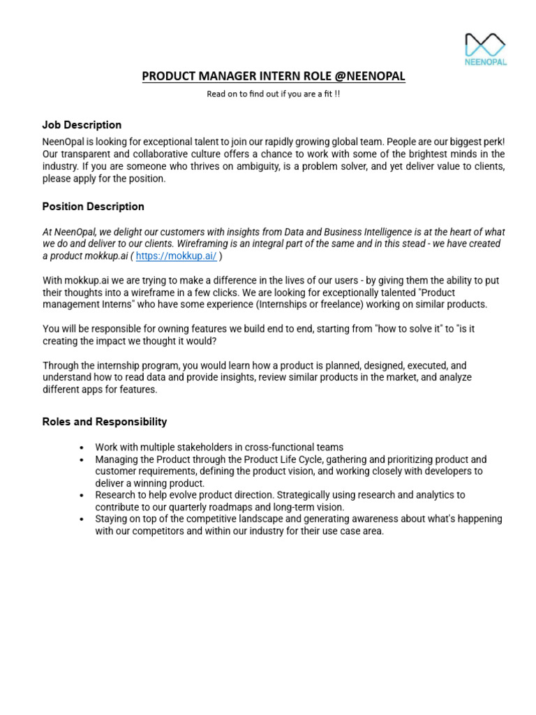 Product Manager Intern Opportunity at NeenOpal | PDF | Internship | Job ...