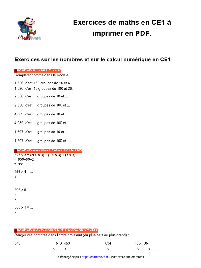 Exercices de maths CE1 à imprimer PDF | PDF | Méthodes et références ...