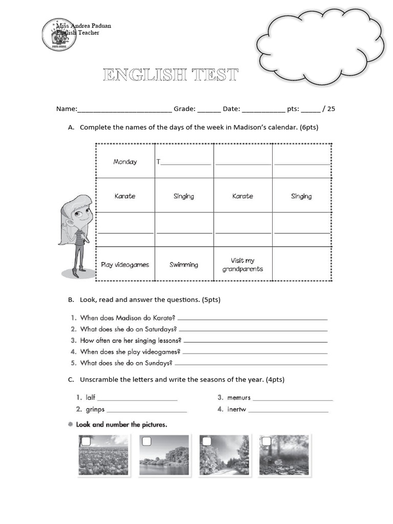 ENGLISH TEST 3rd Grade | PDF