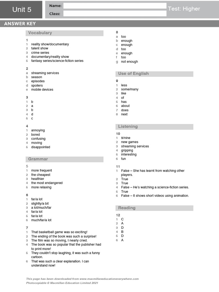 Gateway B1 Unit 5 Test Answers | PDF