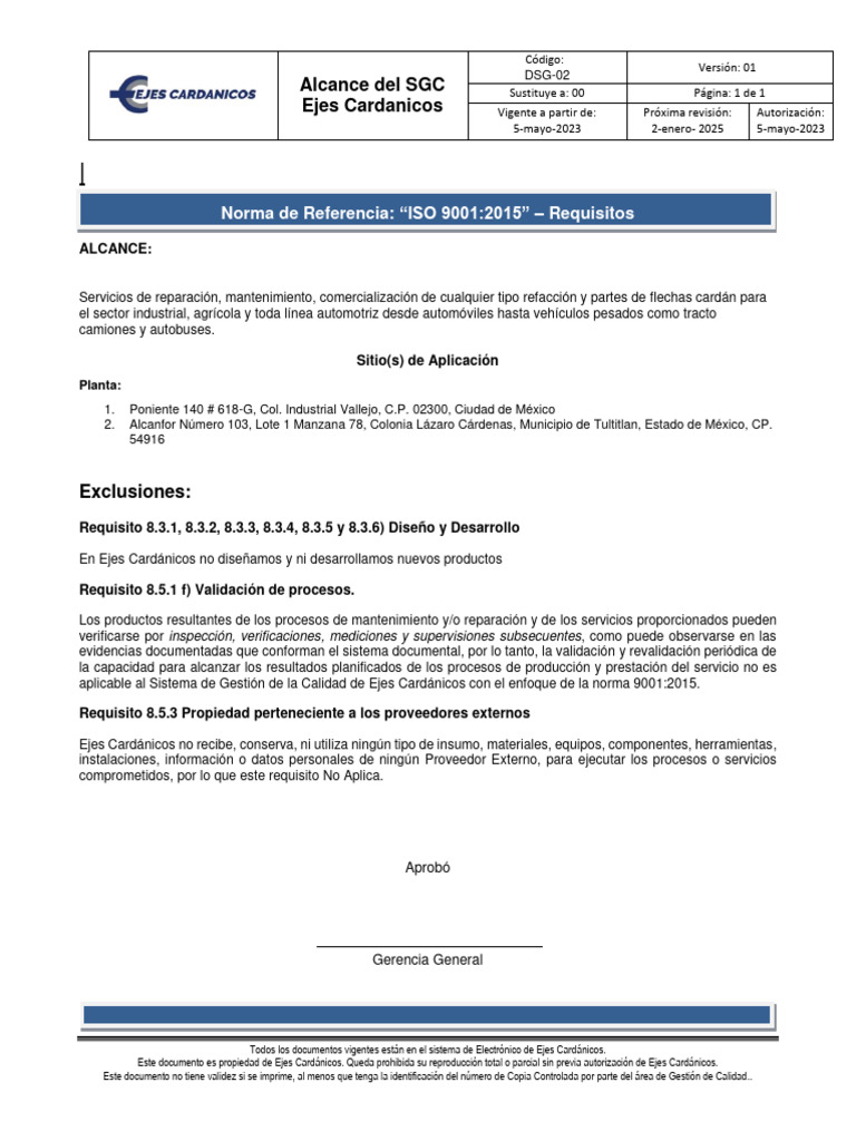 DSG-02 Alcance Del SGC Ejes Cardanicos | PDF | Sistema de manejo de ...