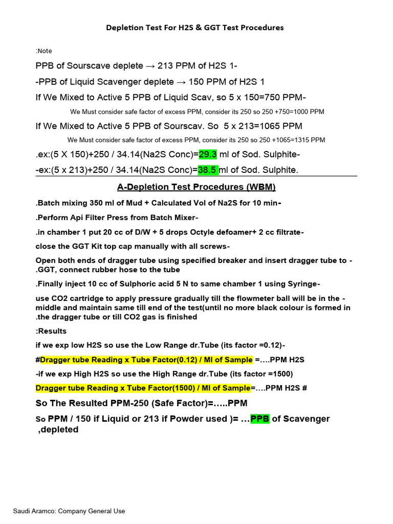 Depletion Test GGT Test Procedure For H2S in WBM and OBM PDF