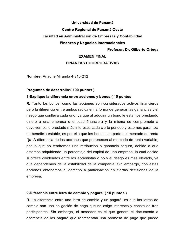 Examen Final de Finanzas Corporativas | PDF | Compartir (Finanzas ...