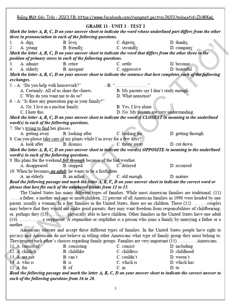 GRADE 11 UNIT 1 TEST 2 ĐỀ PDF Stepfamily Human Development