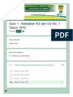 Quiz 1 - Kebijakan K3 Dan UU No. 1 Tahun 1970