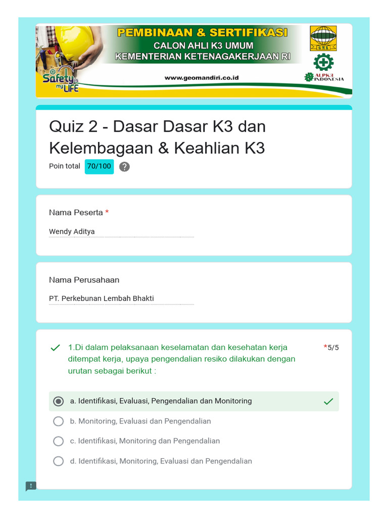 Quiz 2 Dasar Dasar K3 Dan Kelembagaan Keahlian K3 Pdf