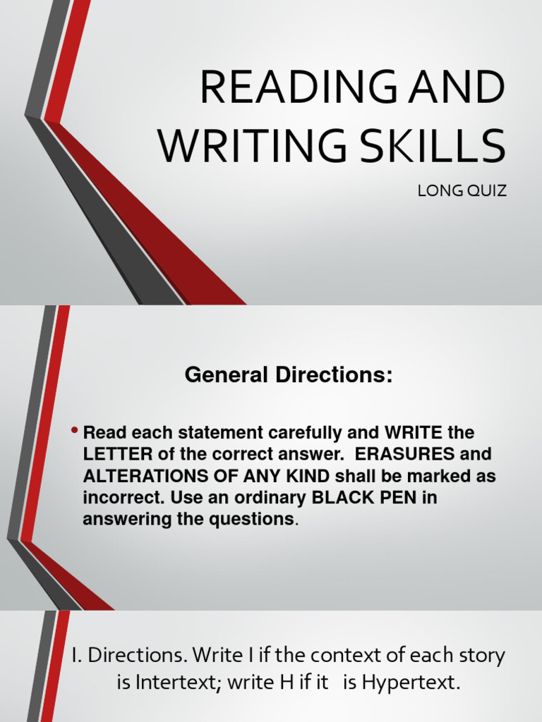 Reading and Writing Skills Quiz | PDF | Intertextuality | Argument