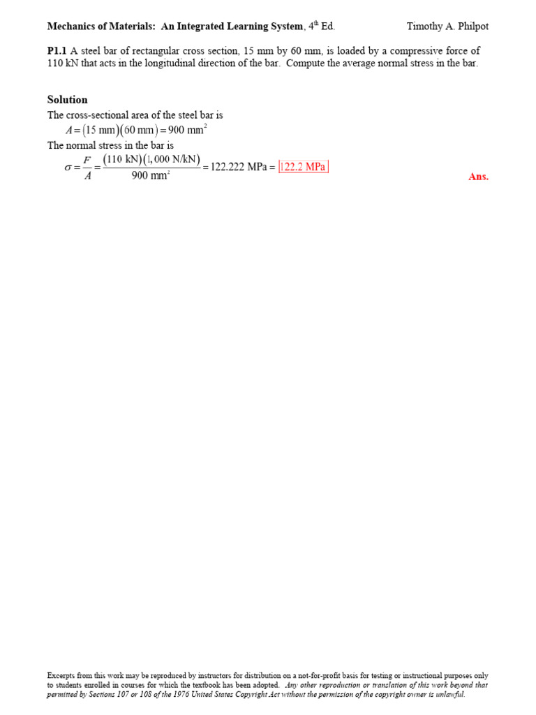 Solutions ch01 4e All Probs | PDF | Stress (Mechanics) | Strength Of ...