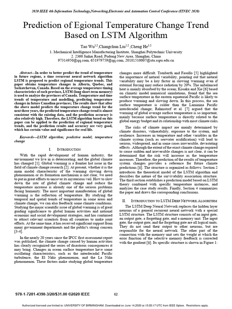 Prediction of egional temperature change trend based on lstm algorithm