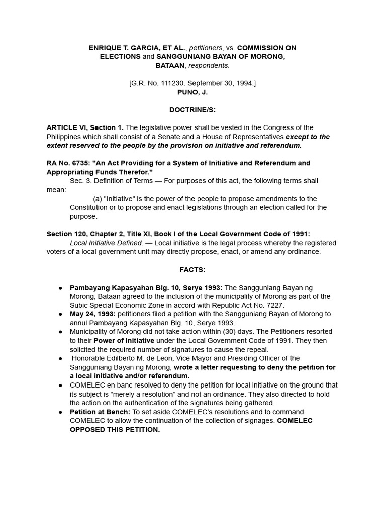 Garcia V COMELEC Case Digest PDF Initiative Government
