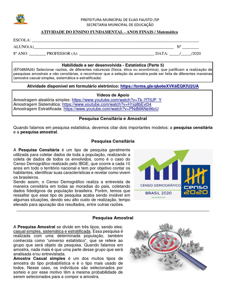Pesquisa Censitária e Amostral no 8º Ano | PDF | Amostragem ...