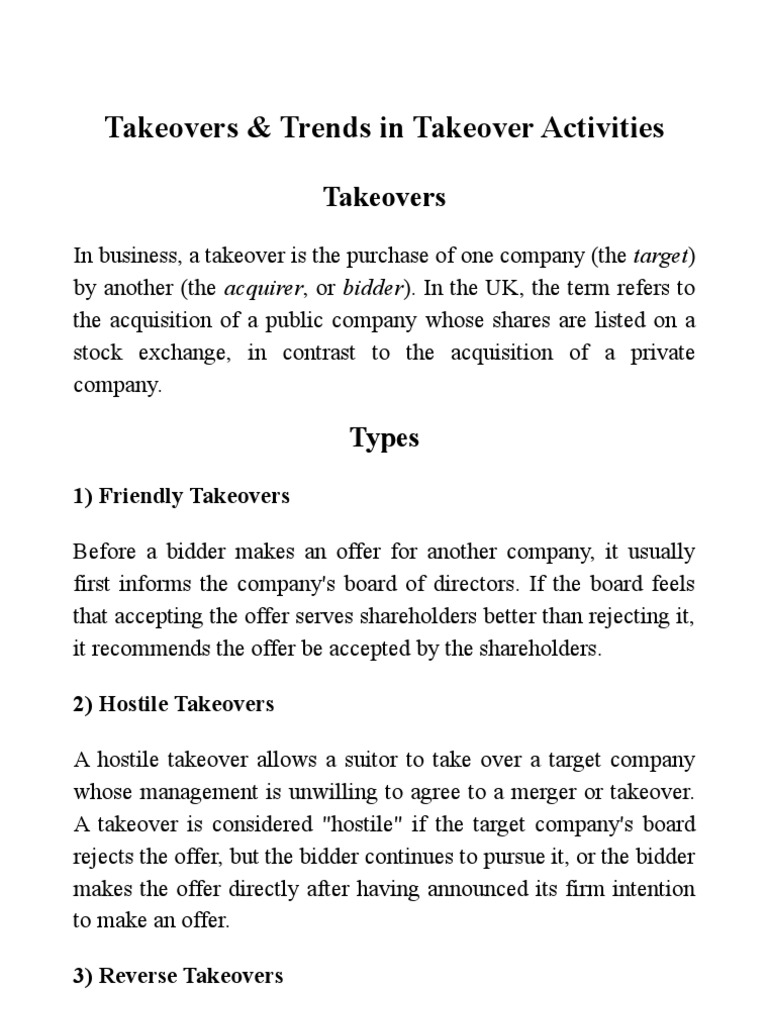Takeovers and Trends in Takeover Activities | Takeover | Companies