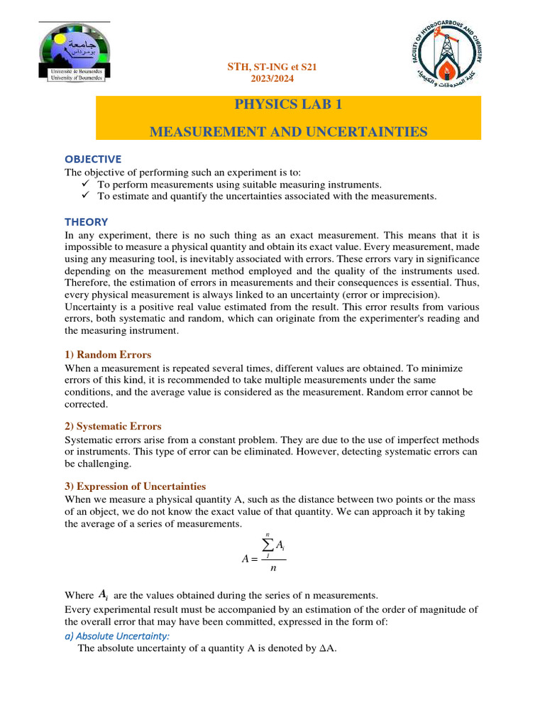 Physics Lab 1 Measurement and Uncertainties Objective PDF