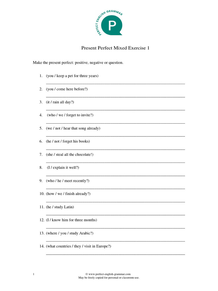 Present Perfect Practice Worksheet Pdf