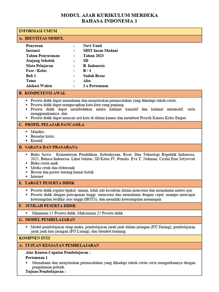 Modul Ajar Bahasa Indonesia SD Kelas 4 | PDF