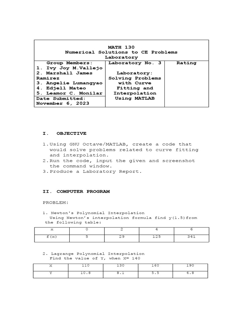MATH 130 - Lab 3 | PDF | Interpolation | Spline (Mathematics)