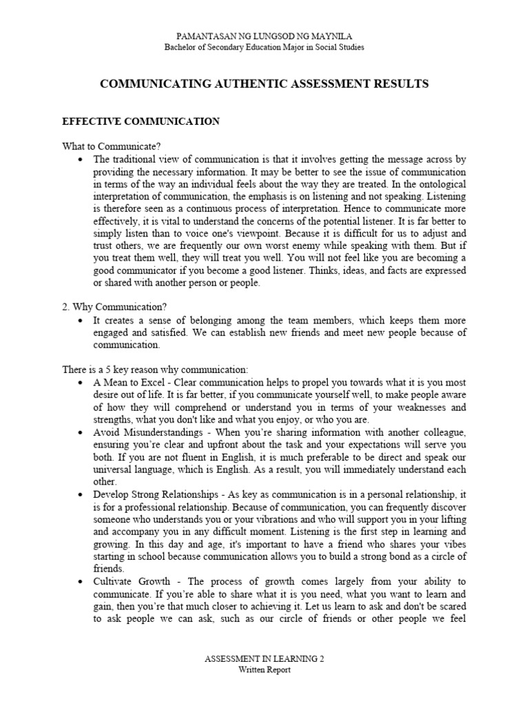 Assessment in learning 2 communicating authentic assessment results